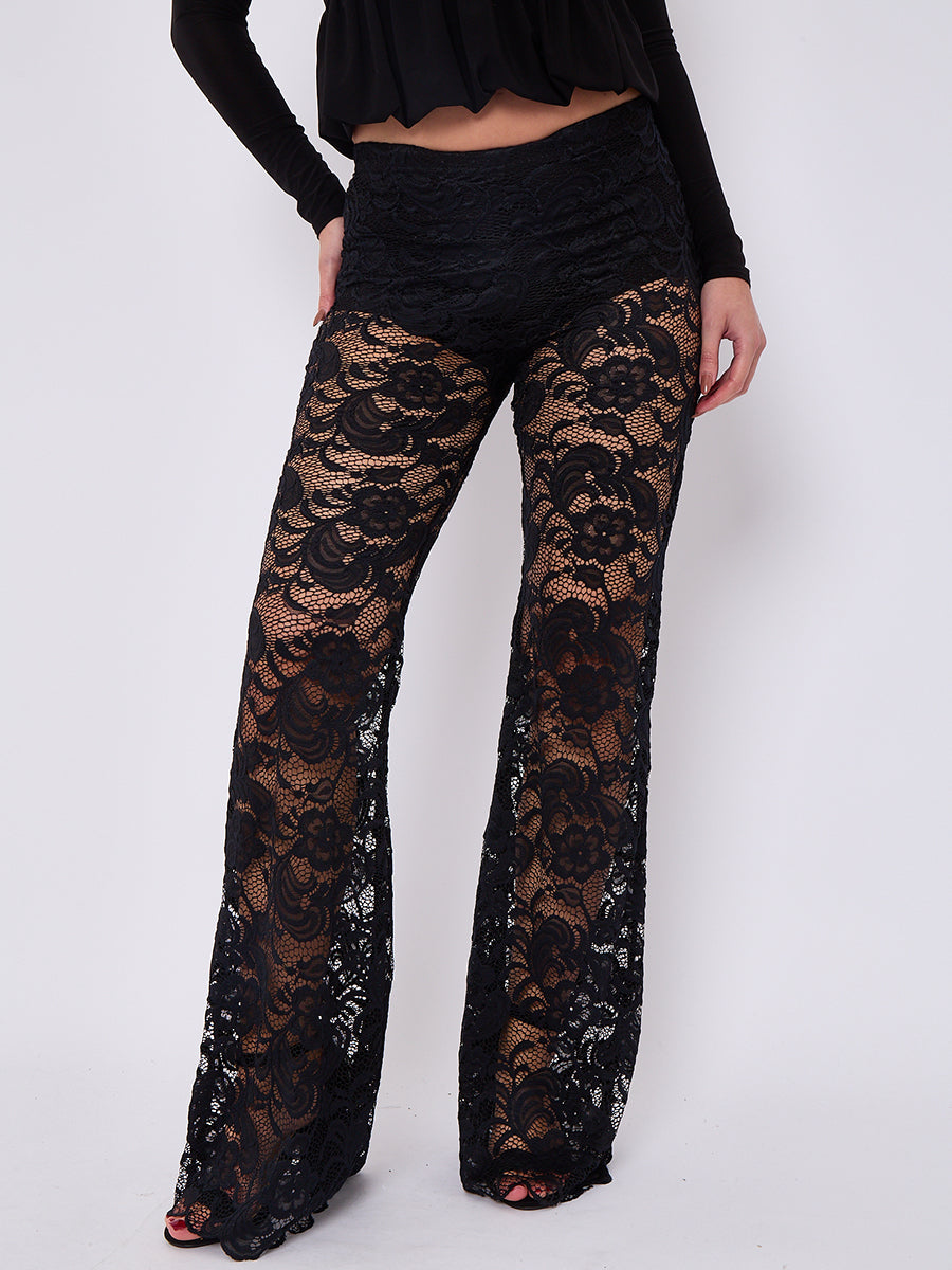 Lace Detail High Waist Flared Trousers