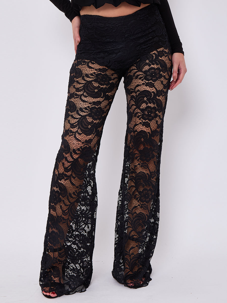 Lace Detail High Waist Flared Trousers