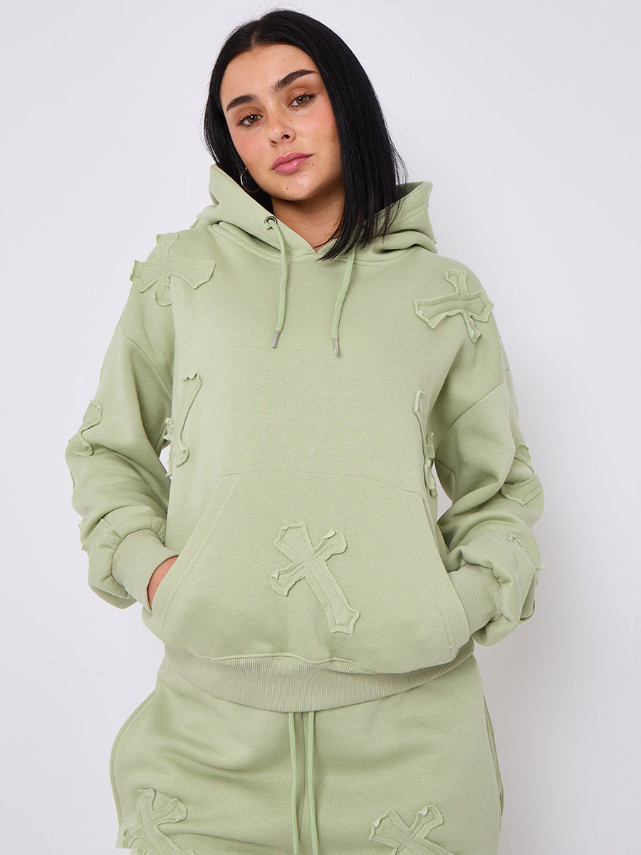 Oversized Crucifix Embroidered Hooded Fleece Co-ord