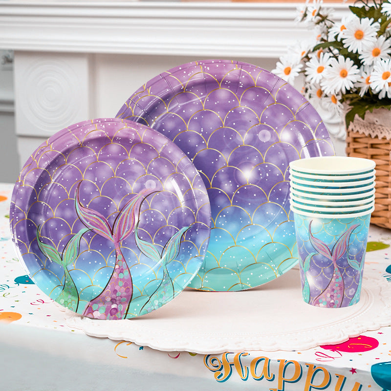 Mermaid Tail Theme Happy Birthday Paper Pallet Disposable Party Round Paper Pallet Suit Disposable Paper Cup