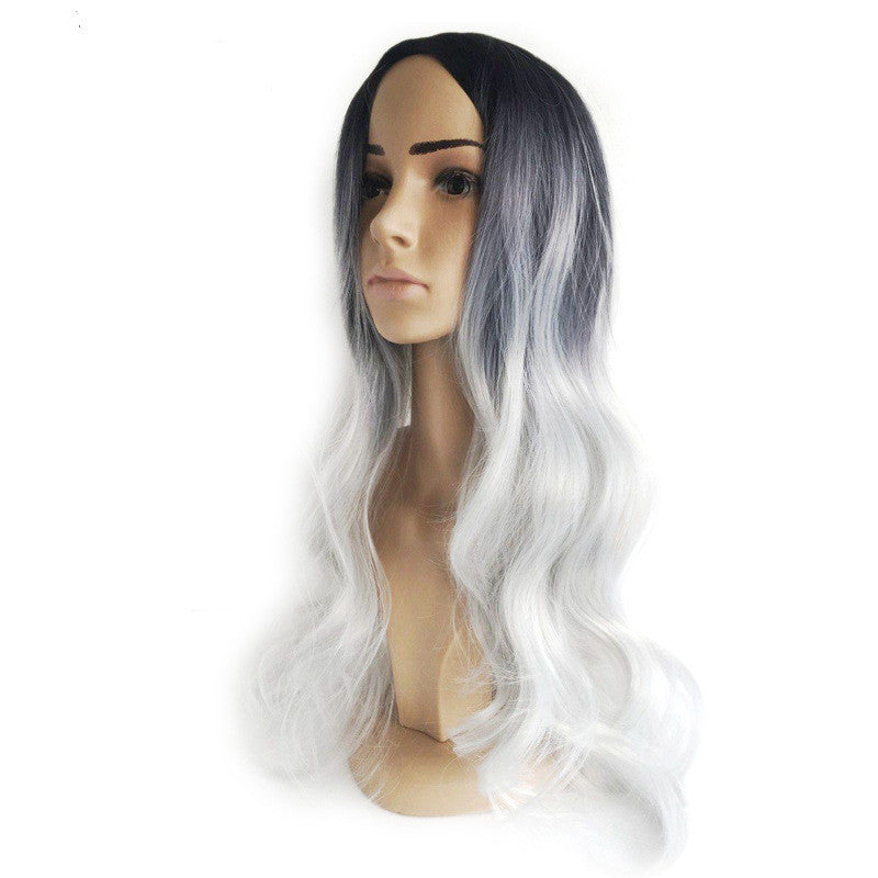 Black silver gray mid-point long curly hair cos fake