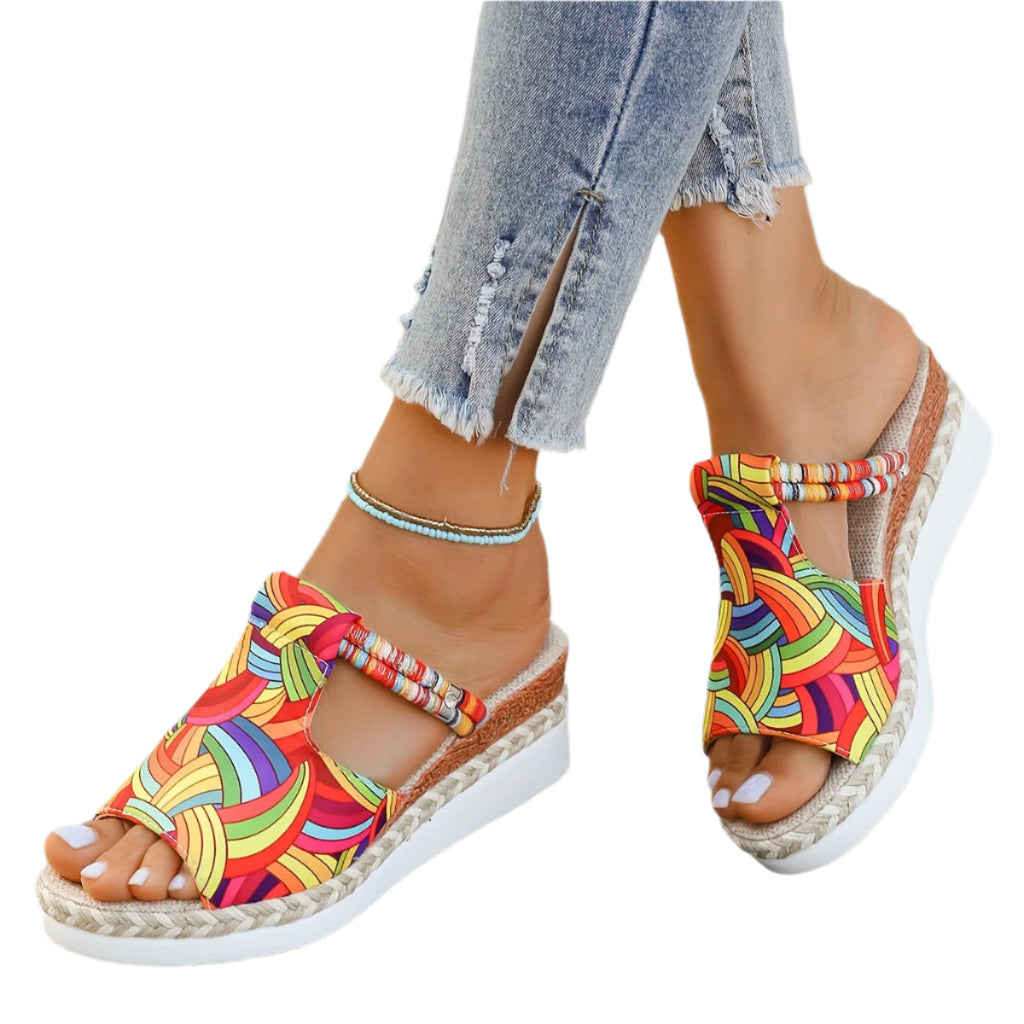 Women's Summer Colorful Graffiti Wedge Sandals, Slip-On Espadrille High Heel Platform Slides With Braided Details For Beach Outing