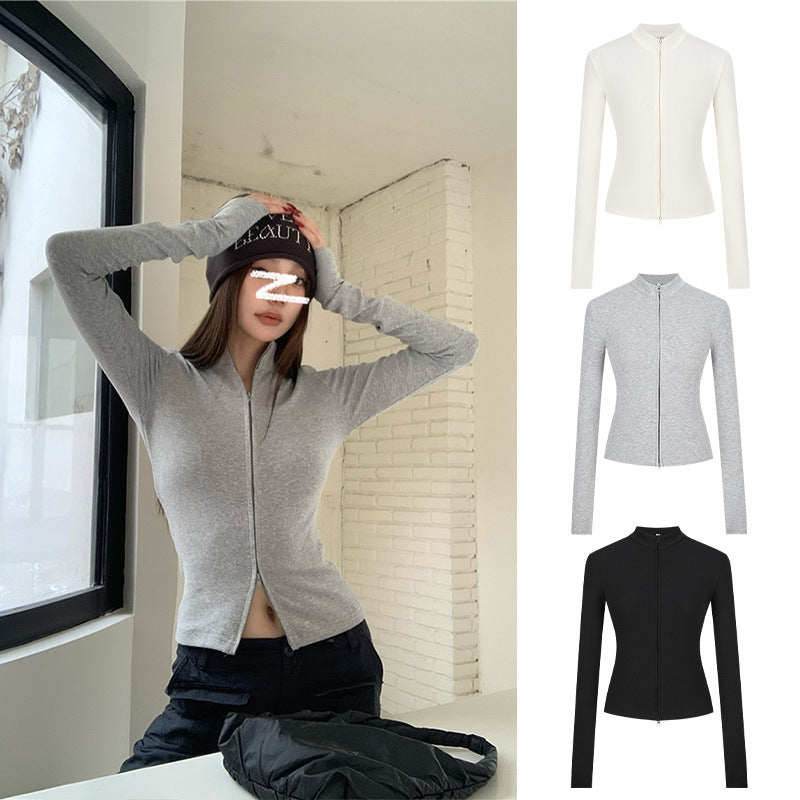 Stand-up Collar Slim-fit Waist-cinching Cardigan Top