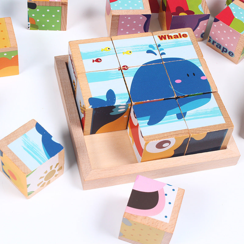 High-grade Six-face Picture Wooden Jigsaw 3D Puzzle Toys Children's Early Educational Toy Cube Jigsaw Puzzle Baby Kids Gifts