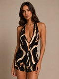 Abstract Print Plunge Halter Top & Shorts Set