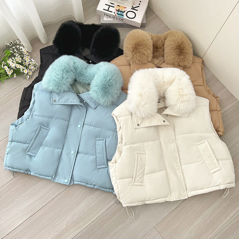 Women's Big Fur Collar Loose Down Cotton Vest Short Zipper