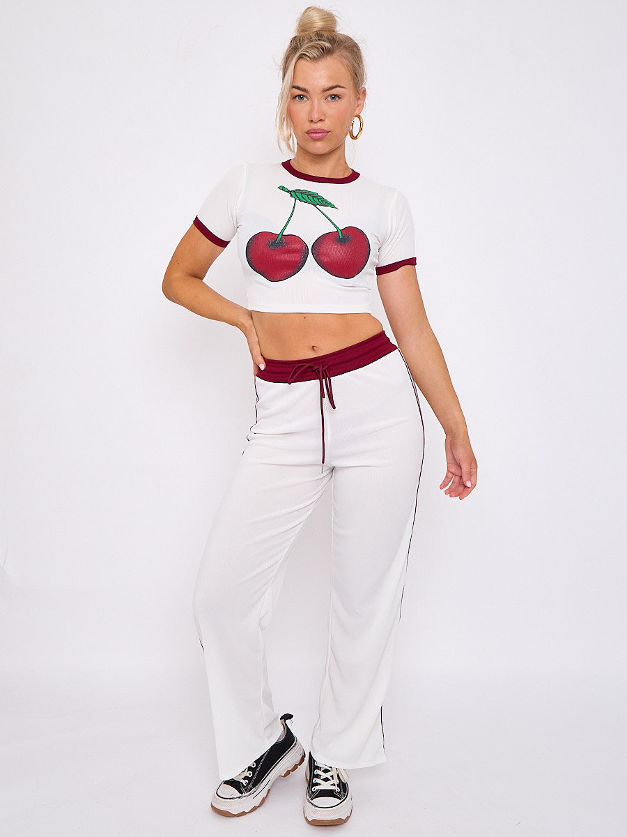 Cherry Graphic Ribbed Crop Top & Wide Leg Trouser Co-ord