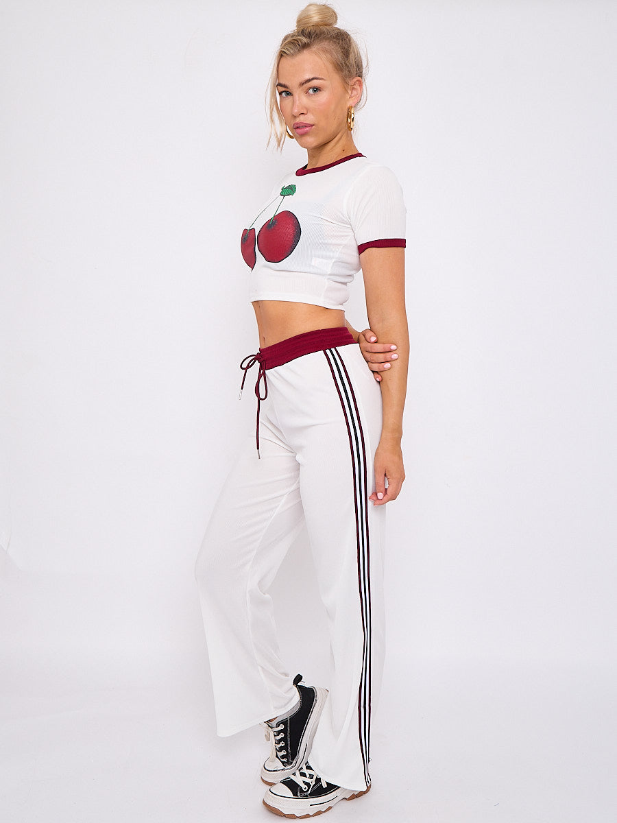 Cherry Graphic Ribbed Crop Top & Wide Leg Trouser Co-ord