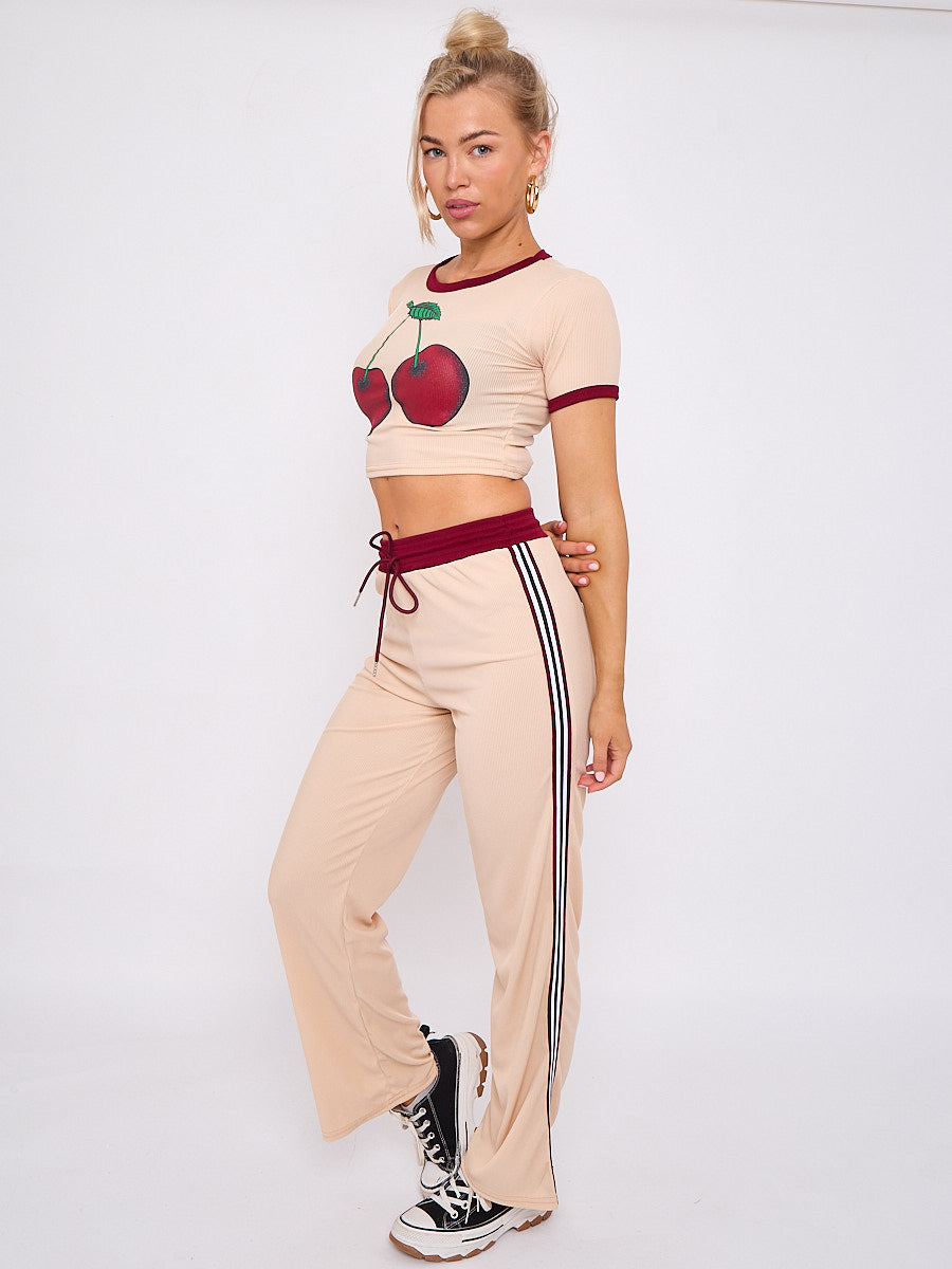 Cherry Graphic Ribbed Crop Top & Wide Leg Trouser Co-ord