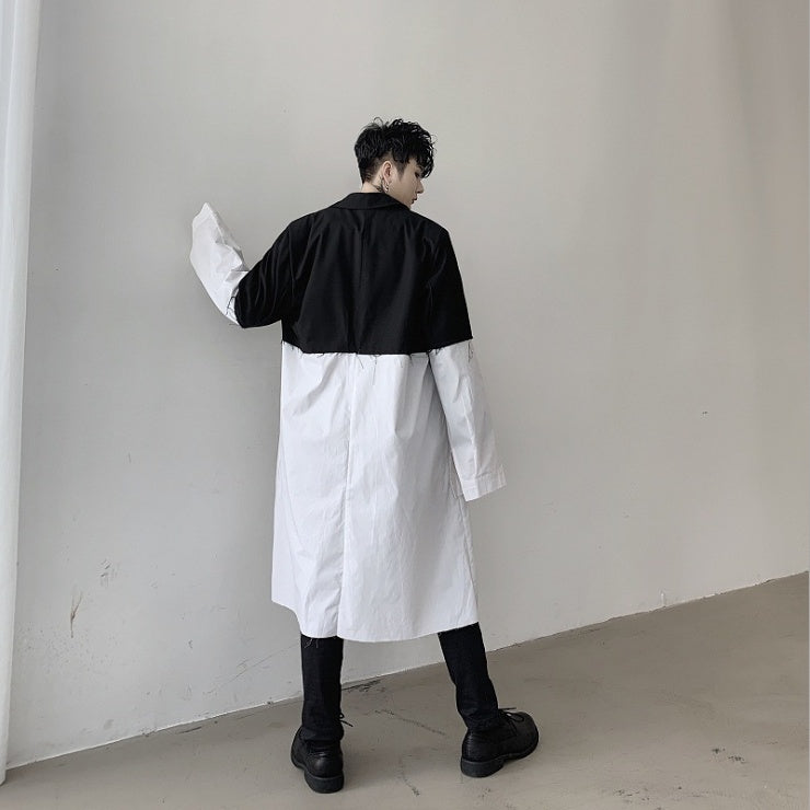 Black and white contrast color mid-length trench coat