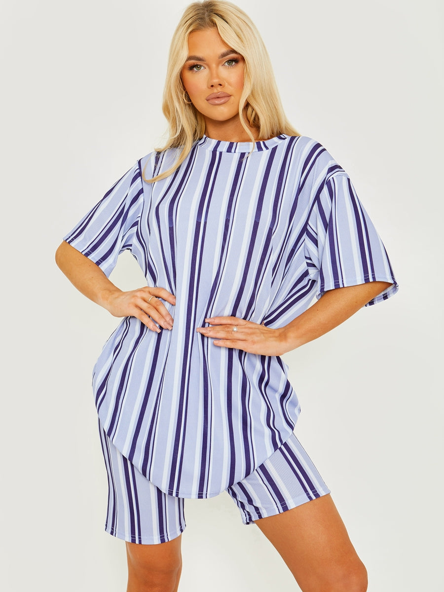 Striped Ribbed Oversized Top & Shorts Co-ord