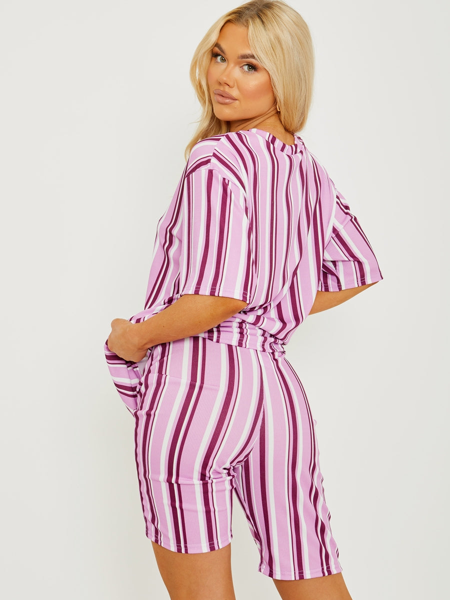 Striped Ribbed Oversized Top & Shorts Co-ord