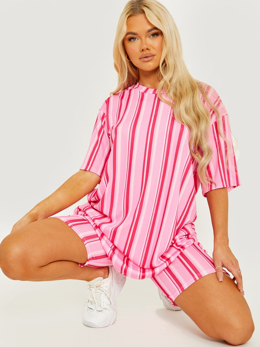 Striped Ribbed Oversized Top & Shorts Co-ord