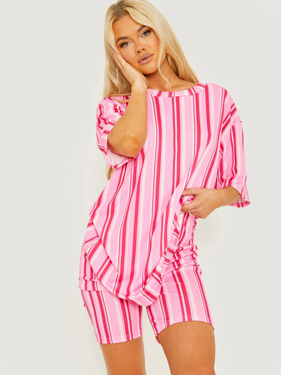 Striped Ribbed Oversized Top & Shorts Co-ord