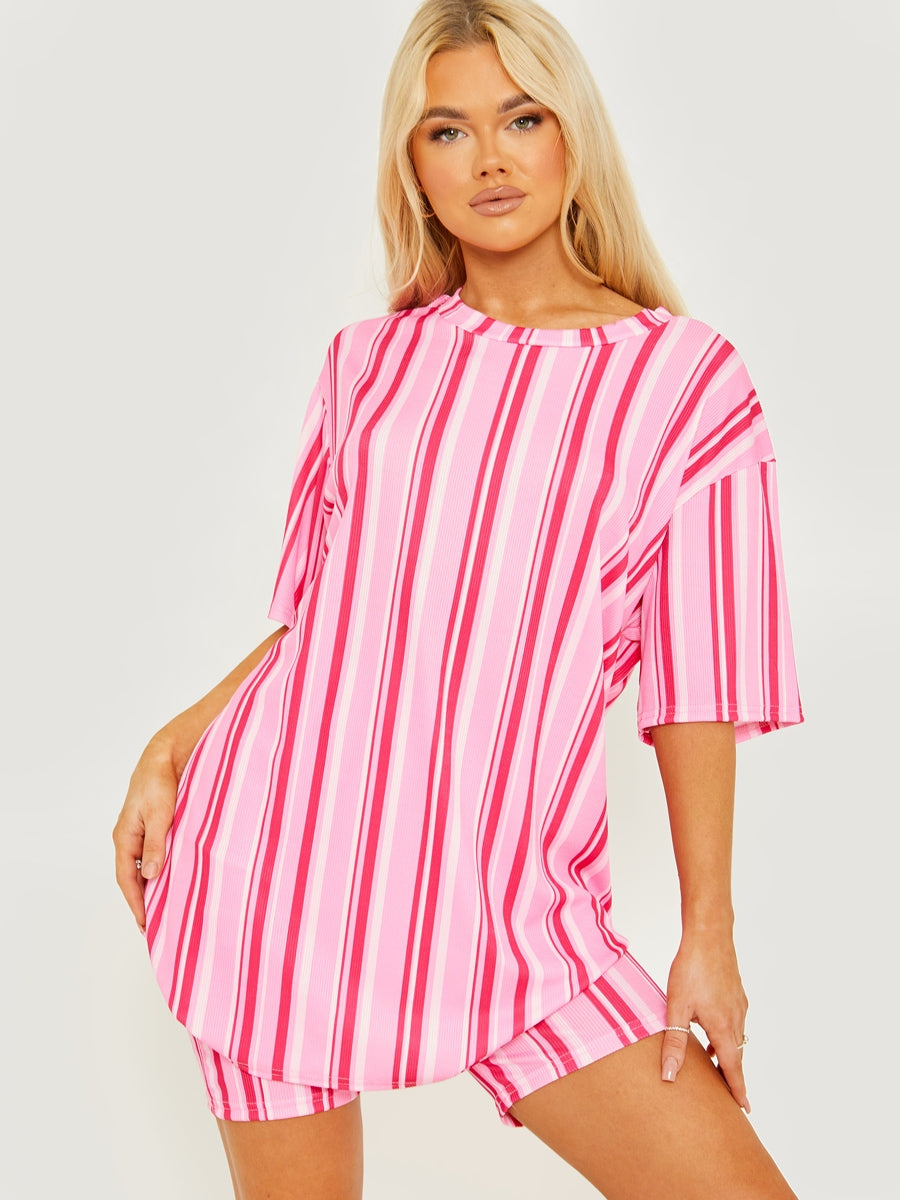 Striped Ribbed Oversized Top & Shorts Co-ord