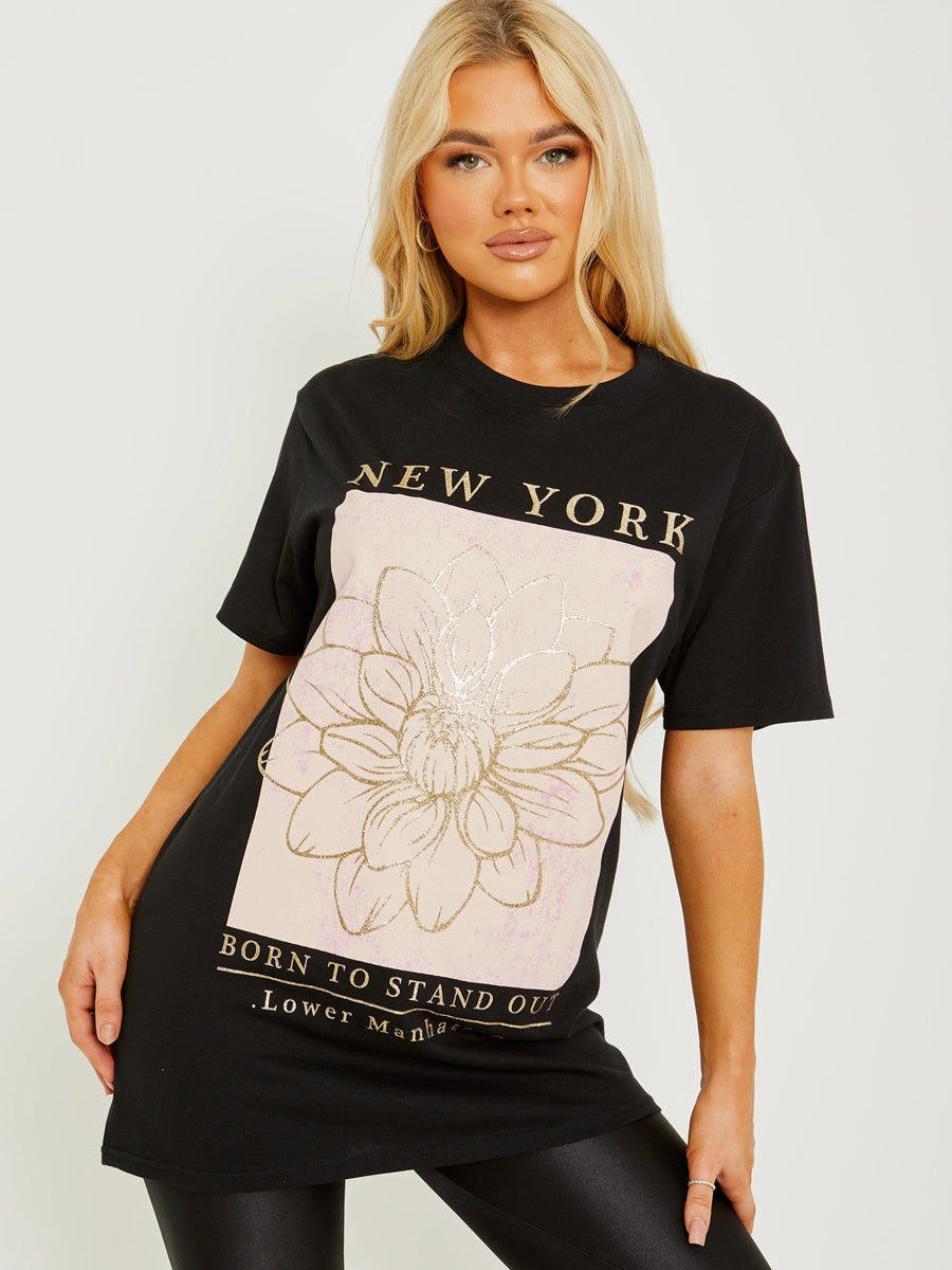 Glitter Flower Graphic Printed T-Shirt