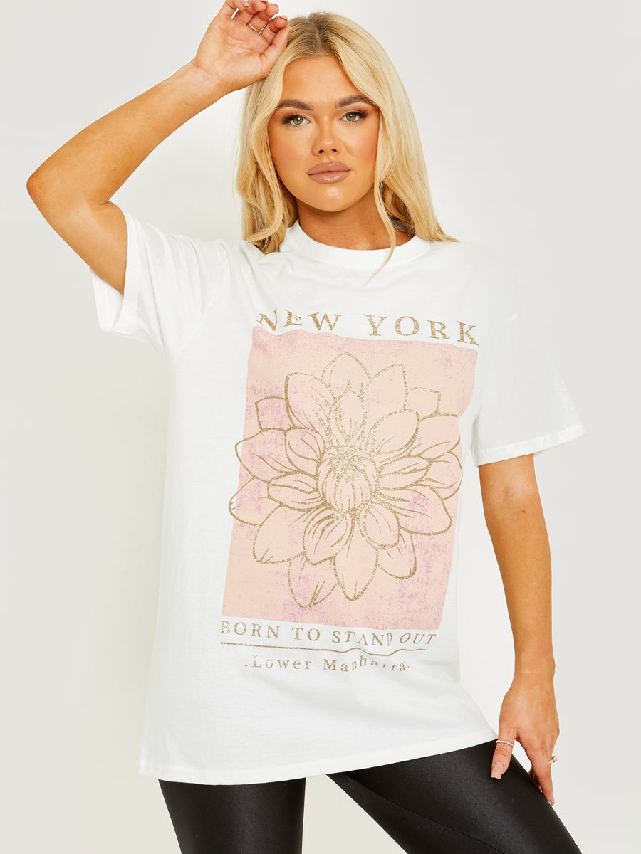 Glitter Flower Graphic Printed T-Shirt