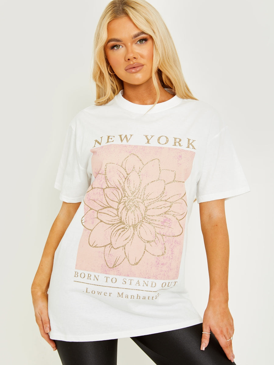 Glitter Flower Graphic Printed T-Shirt