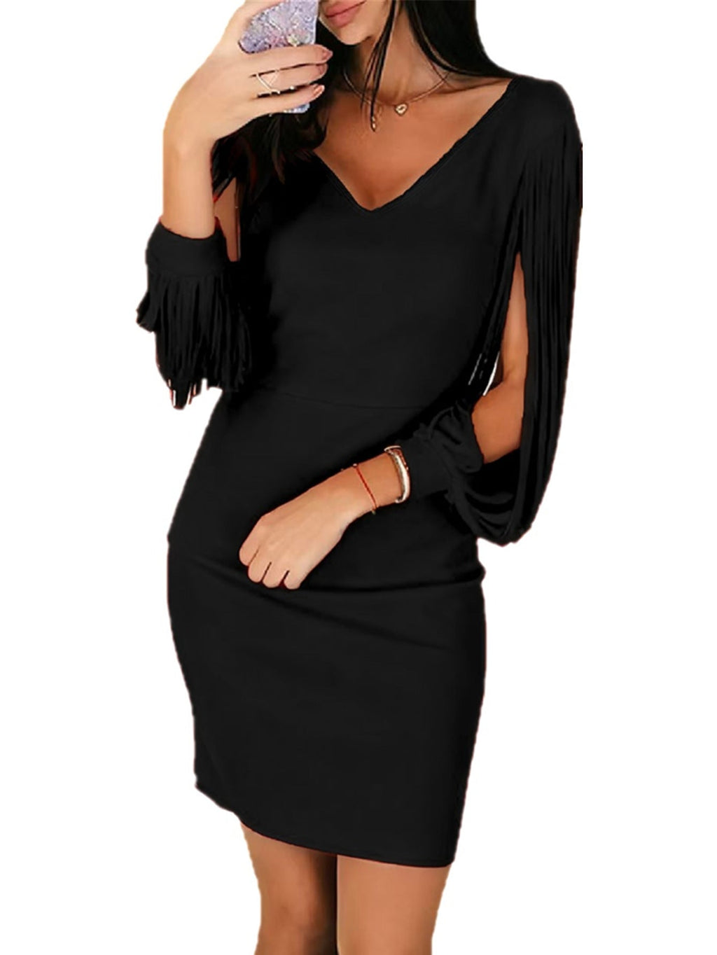 V-neck Tassel Long-sleeve Mini Sheath Party Dress