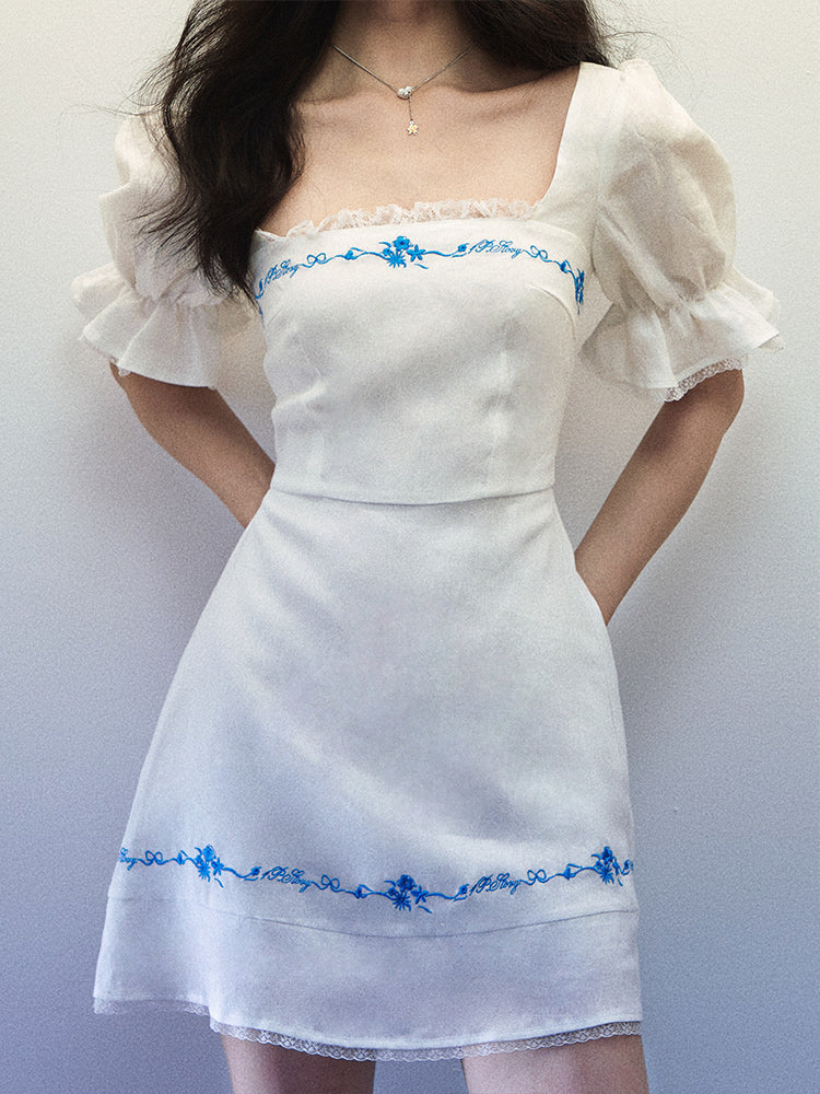 Women's Summer Blue Embroidered Horn Short Sleeve White Linen Generous Neck Dress
