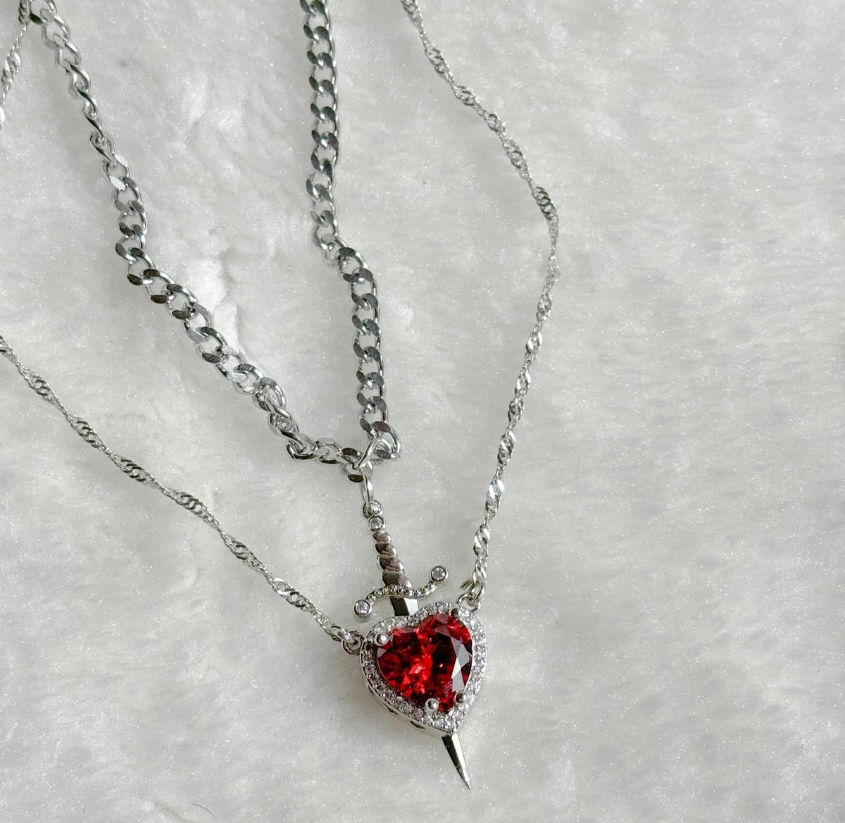 Heart and Sword Necklace Set, Red Heart Crystal