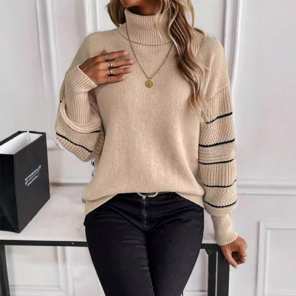 Striped Turtleneck Drop-shoulder Pullover Long Sleeve