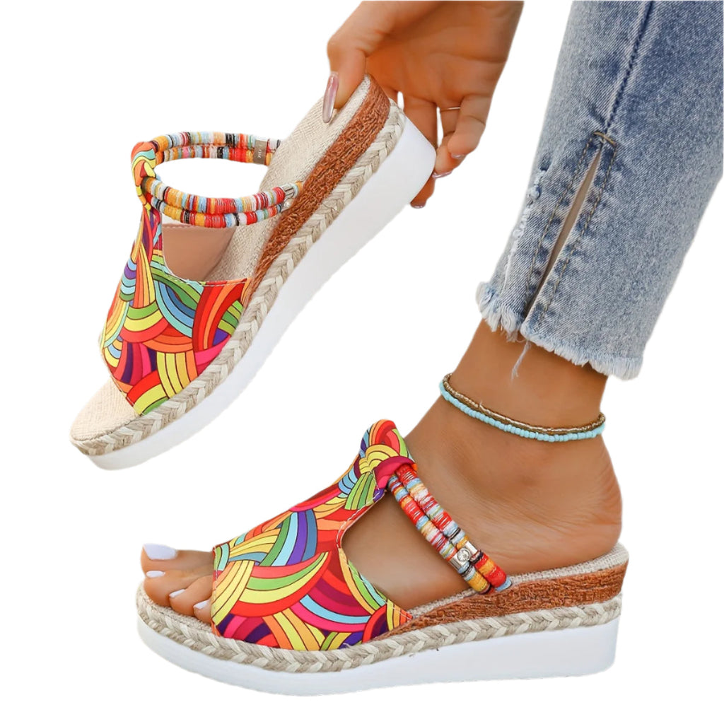 Women's Summer Colorful Graffiti Wedge Sandals, Slip-On Espadrille High Heel Platform Slides With Braided Details For Beach Outing