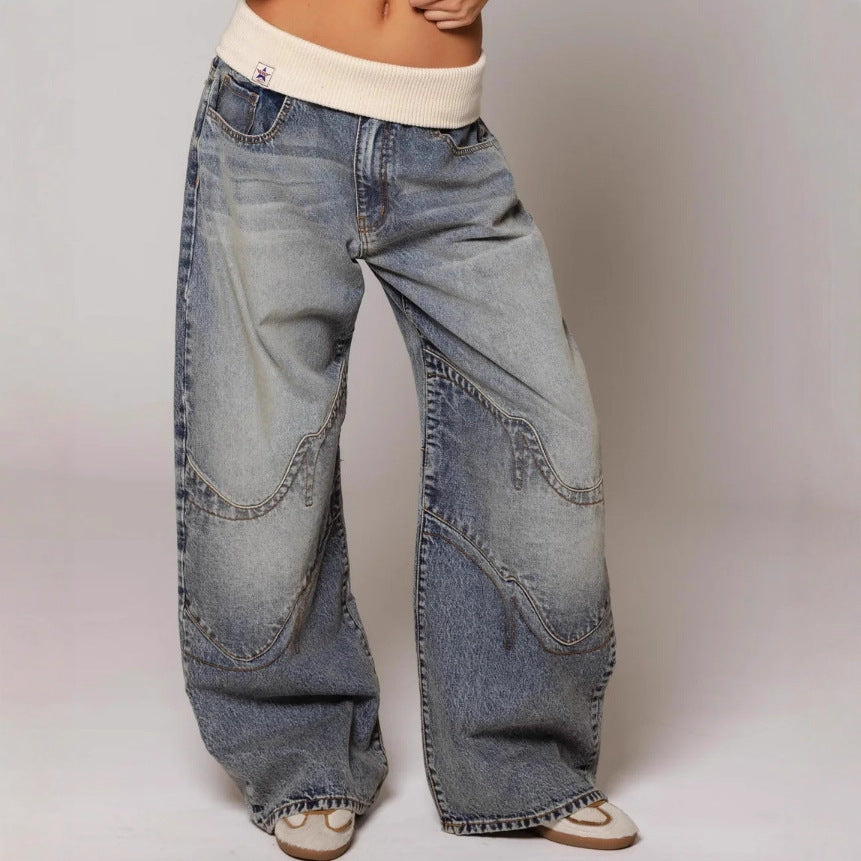 Loose-fitting Straight-leg Jeans With Pockets Fashion Casual Trousers Street-style Pants Women's Clothing