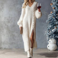Chic Split Knitted Dress With Buttons Design Winter V-Neck Fleece Maxi Dresses Evening Party Club Fashion Women's Clothing