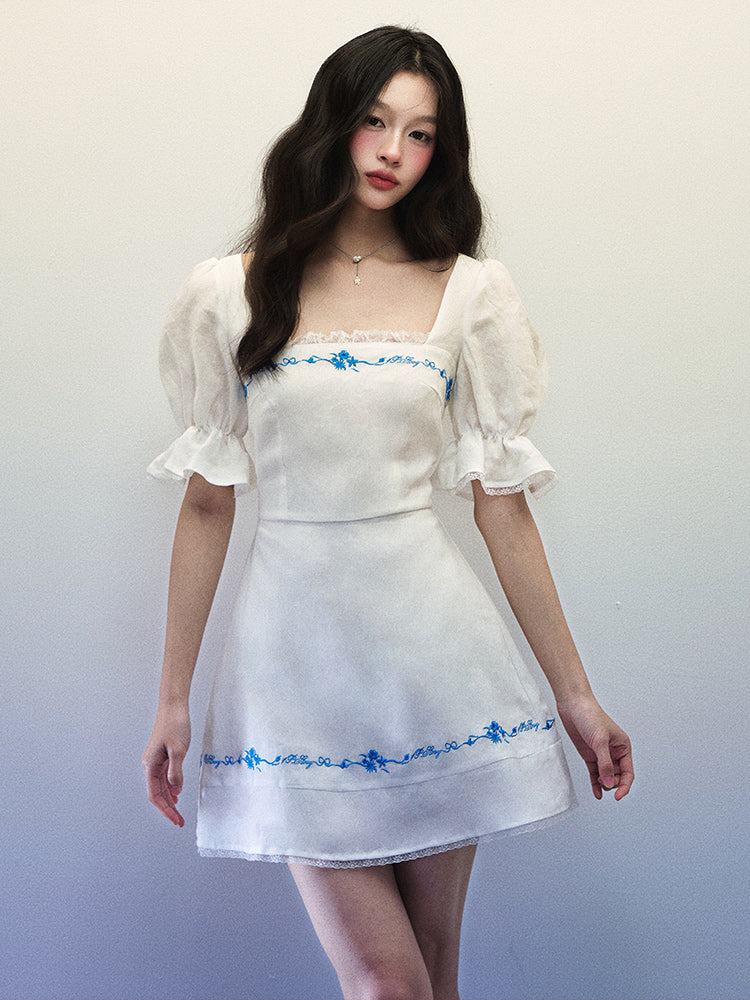 Women's Summer Blue Embroidered Horn Short Sleeve White Linen Generous Neck Dress
