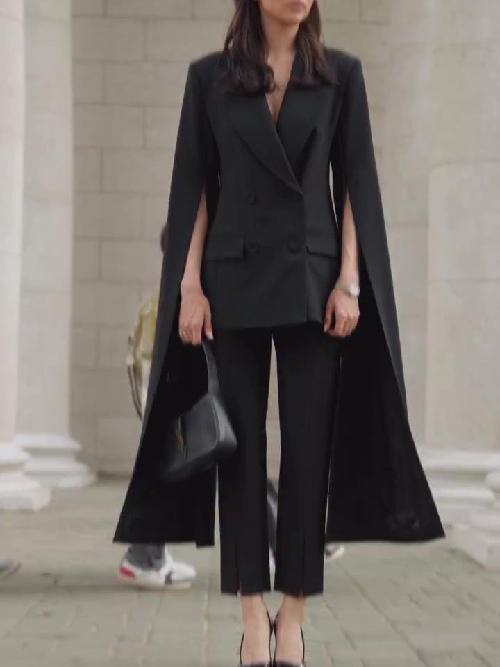 Black Cape Blazer Suit With Cropped Pants Set