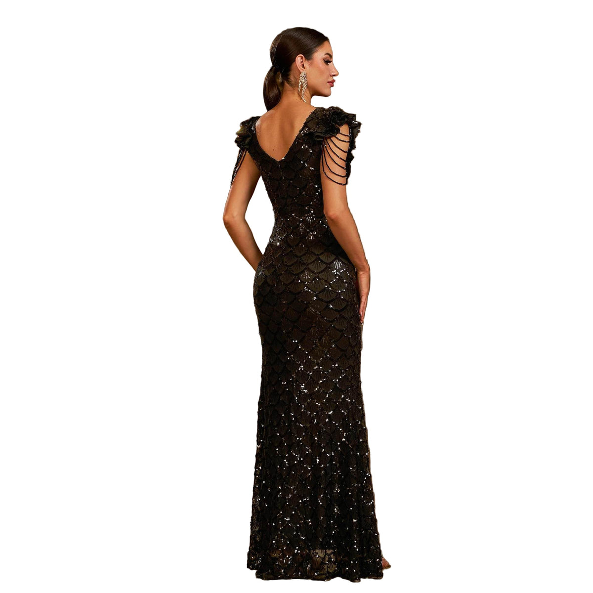 Elegant Sequin Round-Neck Slim-Fit Sheath Evening Dress with Side Slit