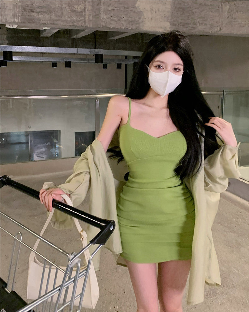 French Hipster Style Green Suspenders Dress