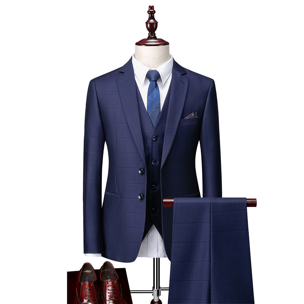 Men's Business Casual Plaid Slim Fit Suit Three-piece Suit