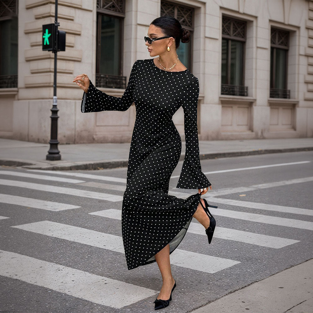 Socialite-style Black Polka-dot Dress For Women Autumnwinter Long-sleeve Ultra-low Back Figure-hugging With Tie-back Detail And Maxi Length