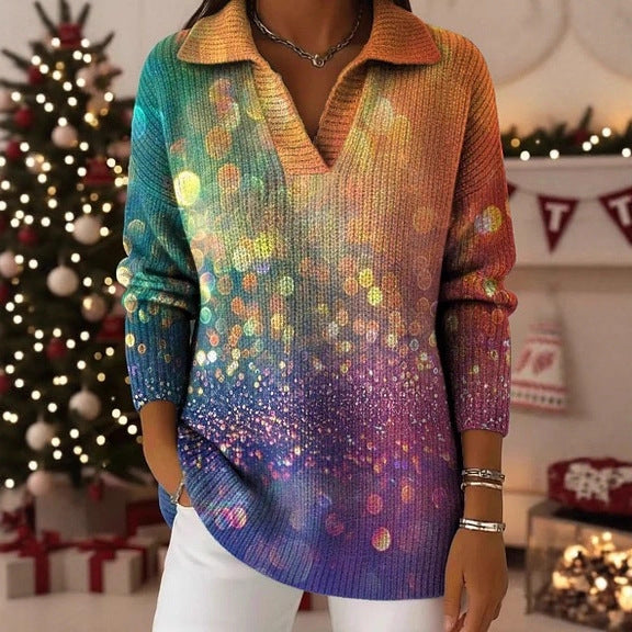 Gradient Flowing Light Buttonless Sequin-filled Dreamy Pattern Polo Shirt