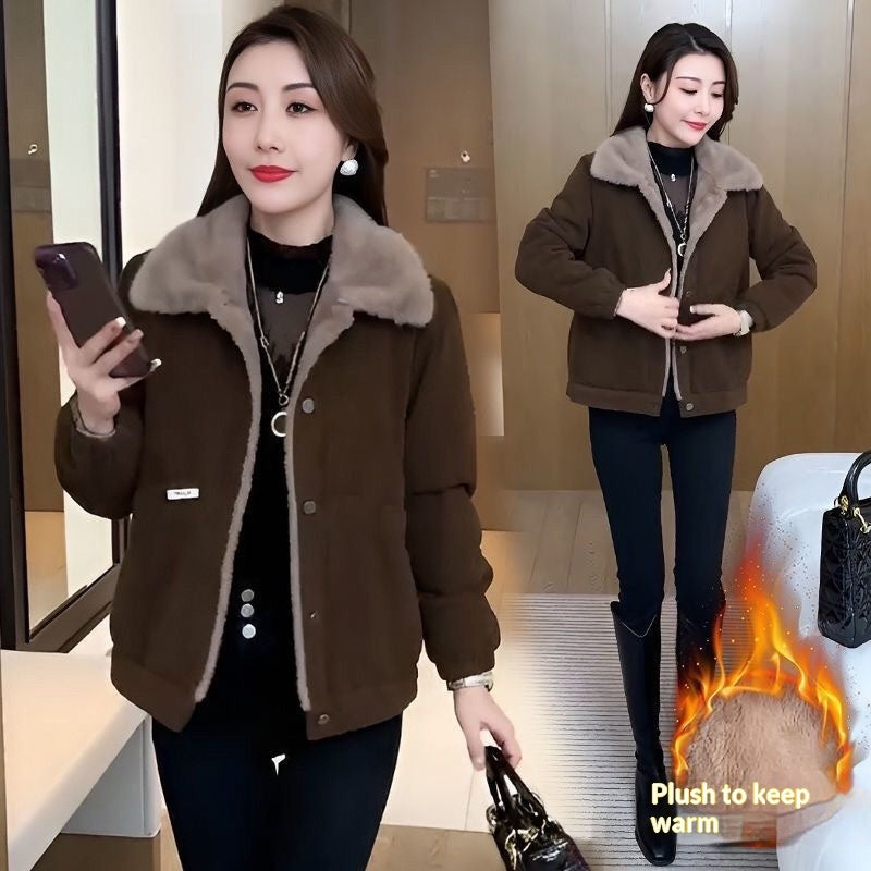 Corduroy Loose Fleece-lined Warm Jacket For Women