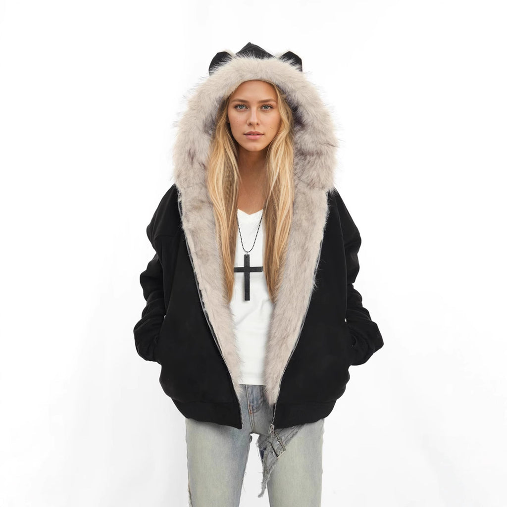 Winter Coat With A Fur Collar Made From Faux Suede For Warmth