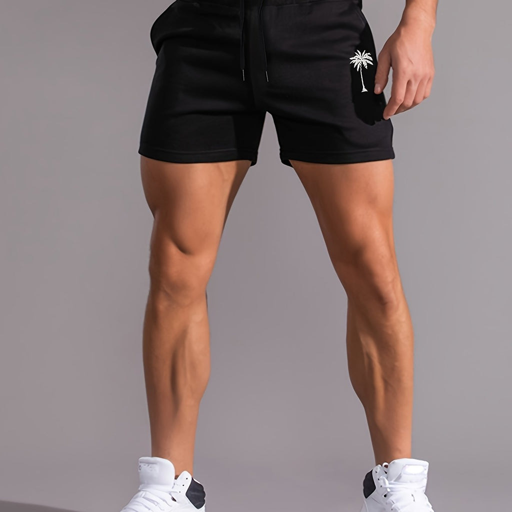 Men'S Plus Size Casual Athletic Shorts - Black with Palm Tree Design, Drawstring Waist