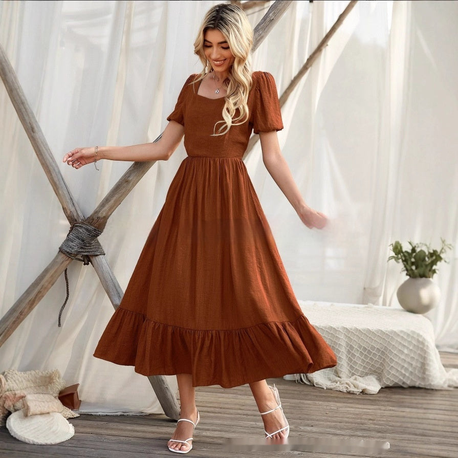 Women's Clothing Round-neck High Waist Solid Color Casual Patchwork Long Dress Women