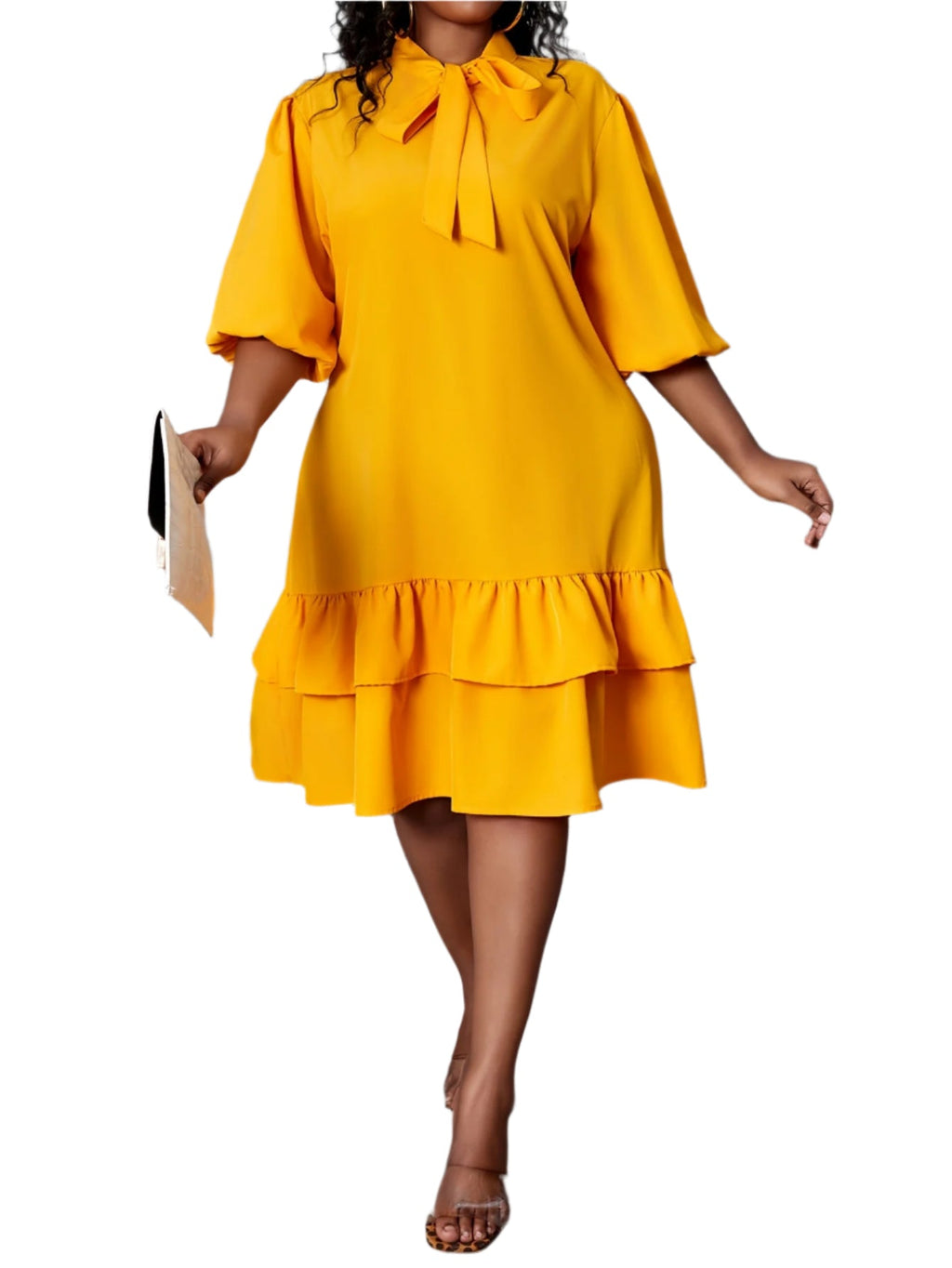 Elegant Solid Color Dress with Tie-Neck and Lantern Sleeves Dress