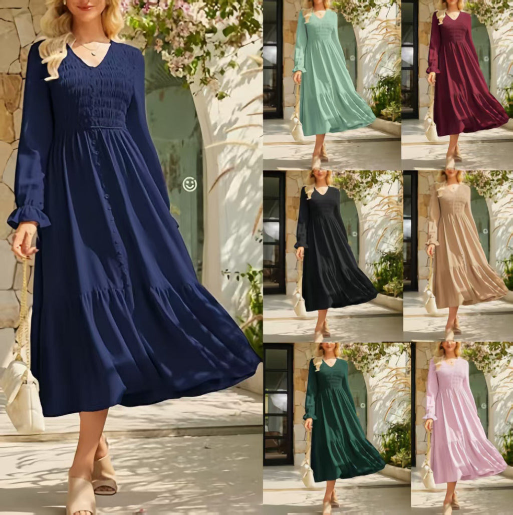Women's Solid-Color Pleated V-Neck Flowy Casual Dress