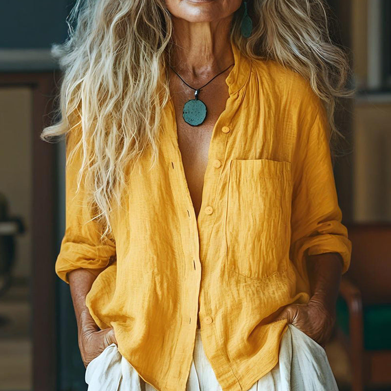 New Solid-color Casual Loose-fitting Long-sleeve Versatile Cardigan Cotton-linen Top