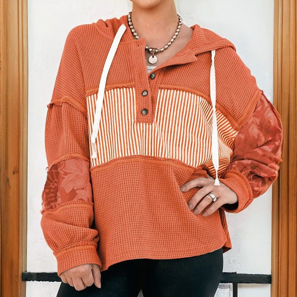 Cinnamon Waffle Printed Patchwork Drawstring Hooded Long Sleeve Top