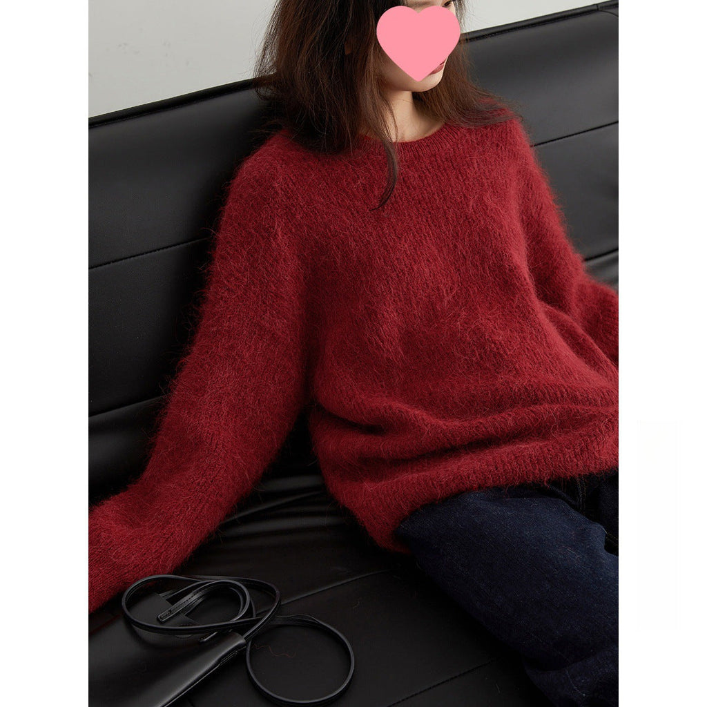 Women's Red Alpaca Wool Pullover Sweater, Soft And Cozy Knit Top Year Wear