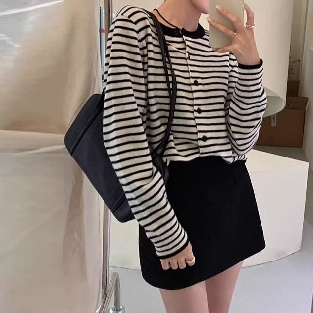 French Style Classic Style Striped Sweater Cardigan Coat For Women