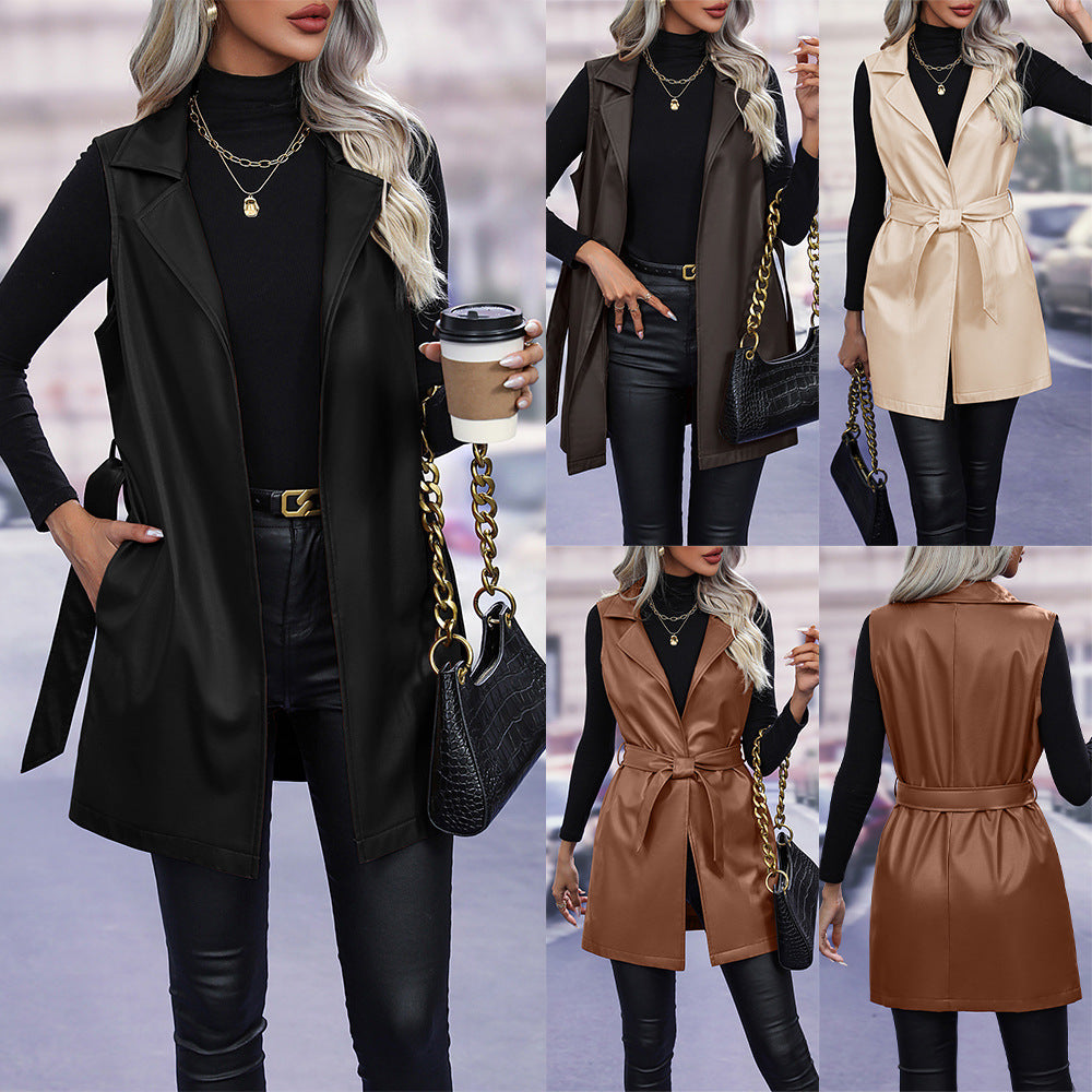 PU Leather Cardigan Strap Vest Vest Jacket For Women
