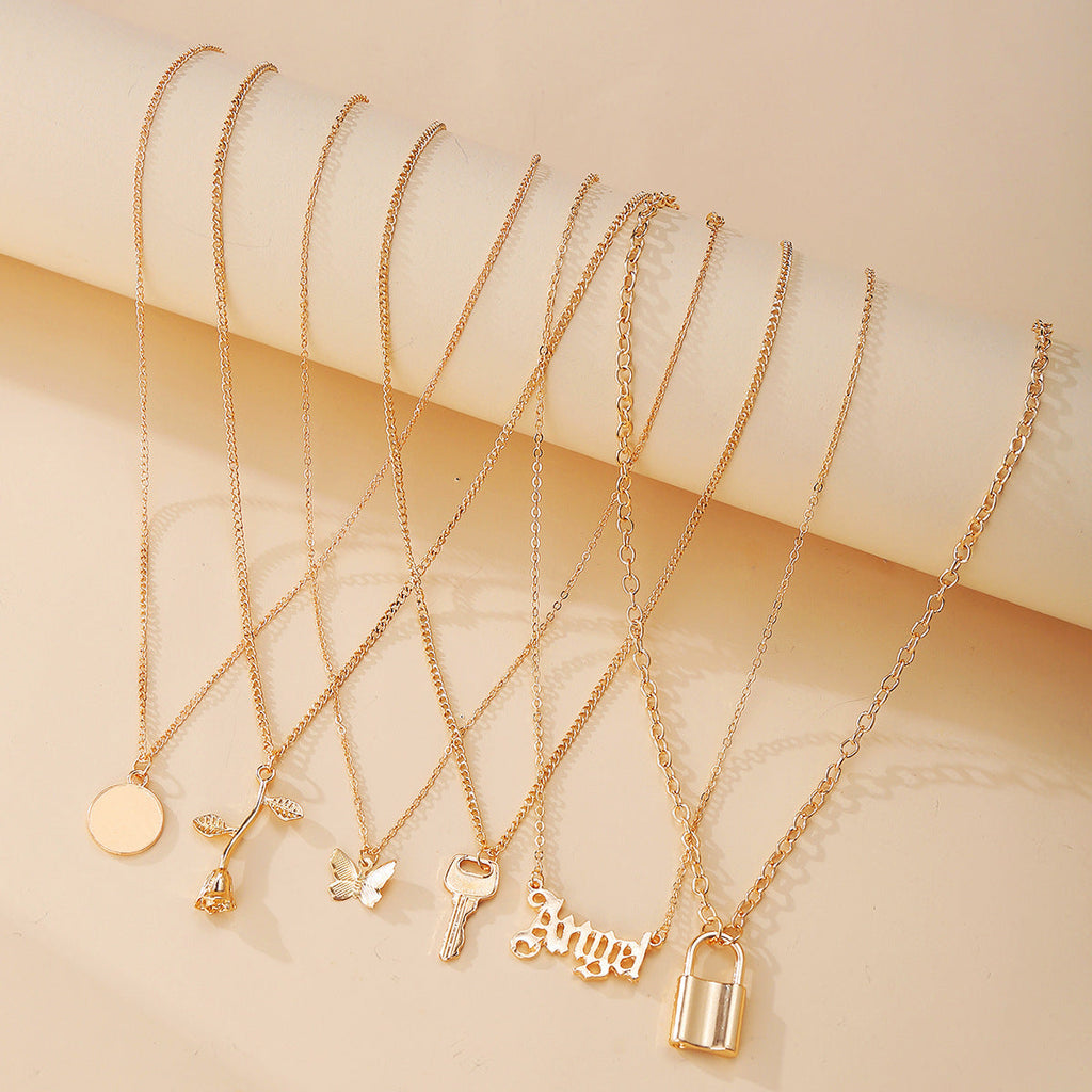 Multi-Layer Lock Rose Pendant Necklace, 6pc Set