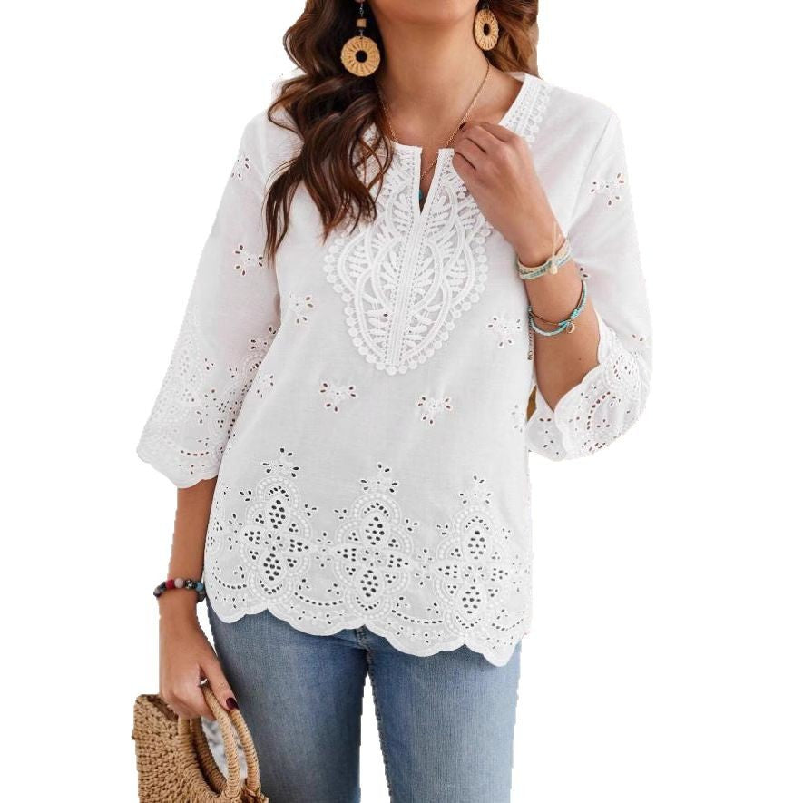 Lace-trimmed V-neck Springsummer New Arrival Three-quarter-sleeve Blouse