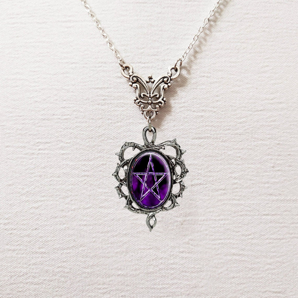 Unisex Purple Pentagram Pendant Necklace with Thorn Frame